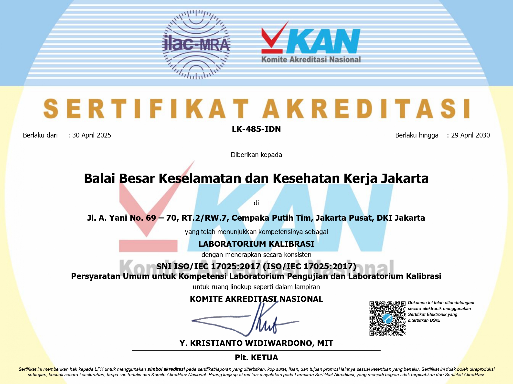 Sertifikat Akreditasi Laboratorium Kalibrasi Balai Besar K3 Jakarta