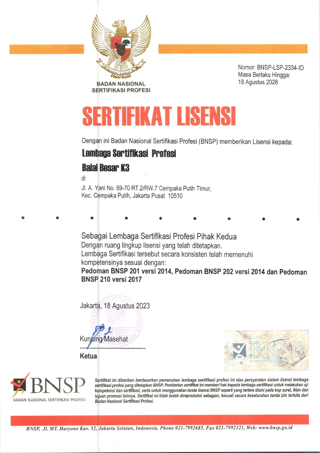 Sertifikat Lisensi Lembaga Sertifikat Profesi Balai Besar K3 Jakarta