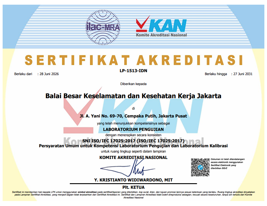 Sertifikat Akreditasi Laboratorium Penguji Balai Besar K3 Jakarta